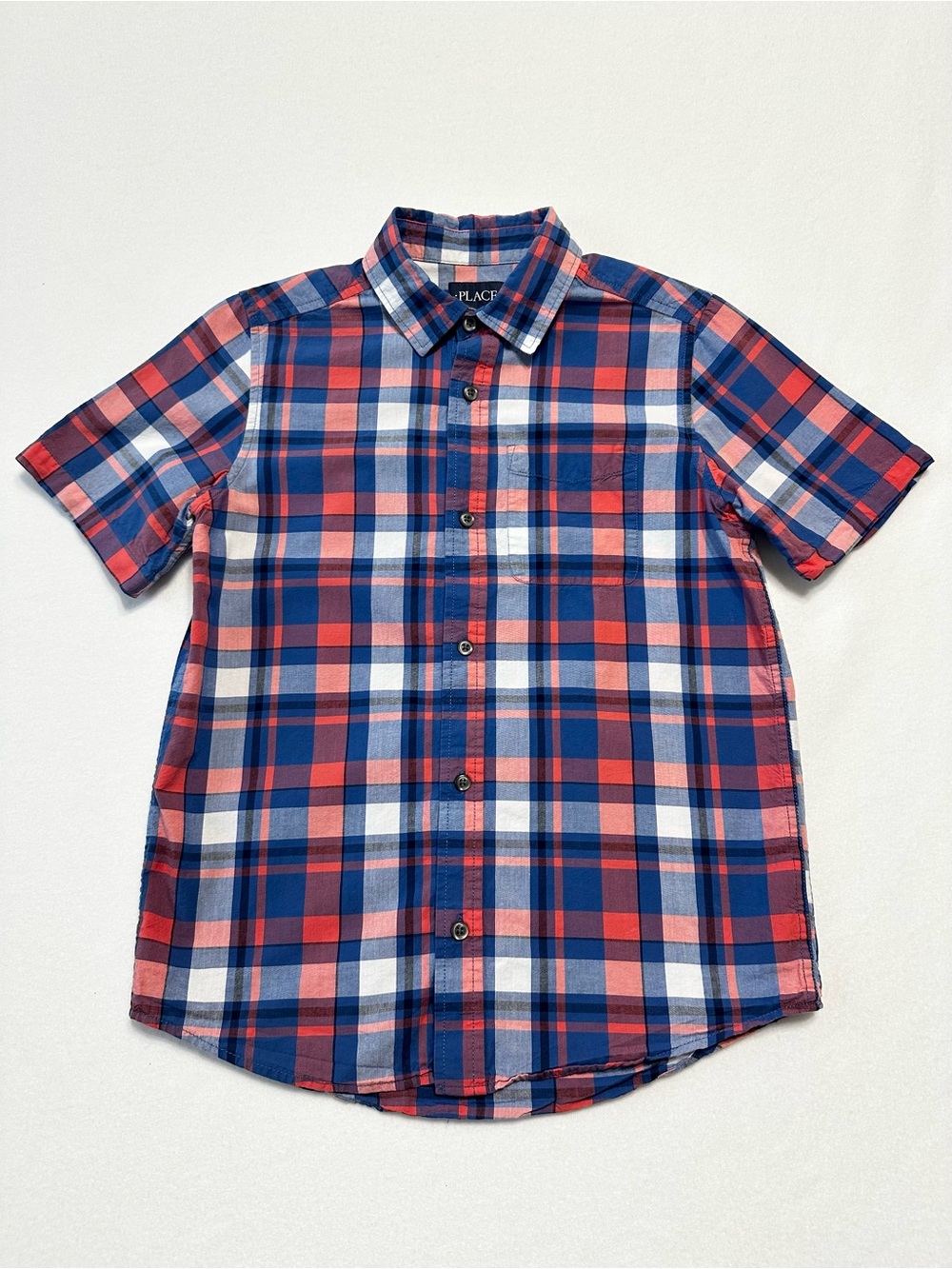 Childrens Place Boys Plaid Button Down Shirt Large 10/12 Blue Coral